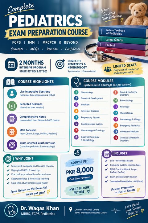 Complete Pediatrics Exam Preparation Course poster: 2-month intensive programme starting 1 November and 1 December, 16 system-wise modules, PKR 8,000, with Dr Waqas Khan