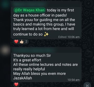 WhatsApp messages from two students thanking Dr Waqas for the classes and notes