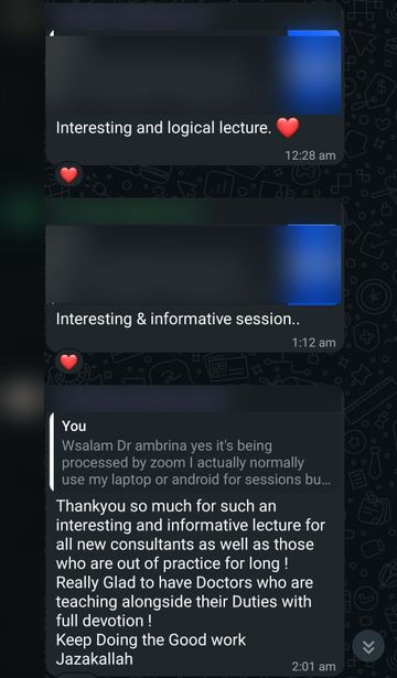 WhatsApp messages: interesting and logical lecture, informative session, and a long thank-you message